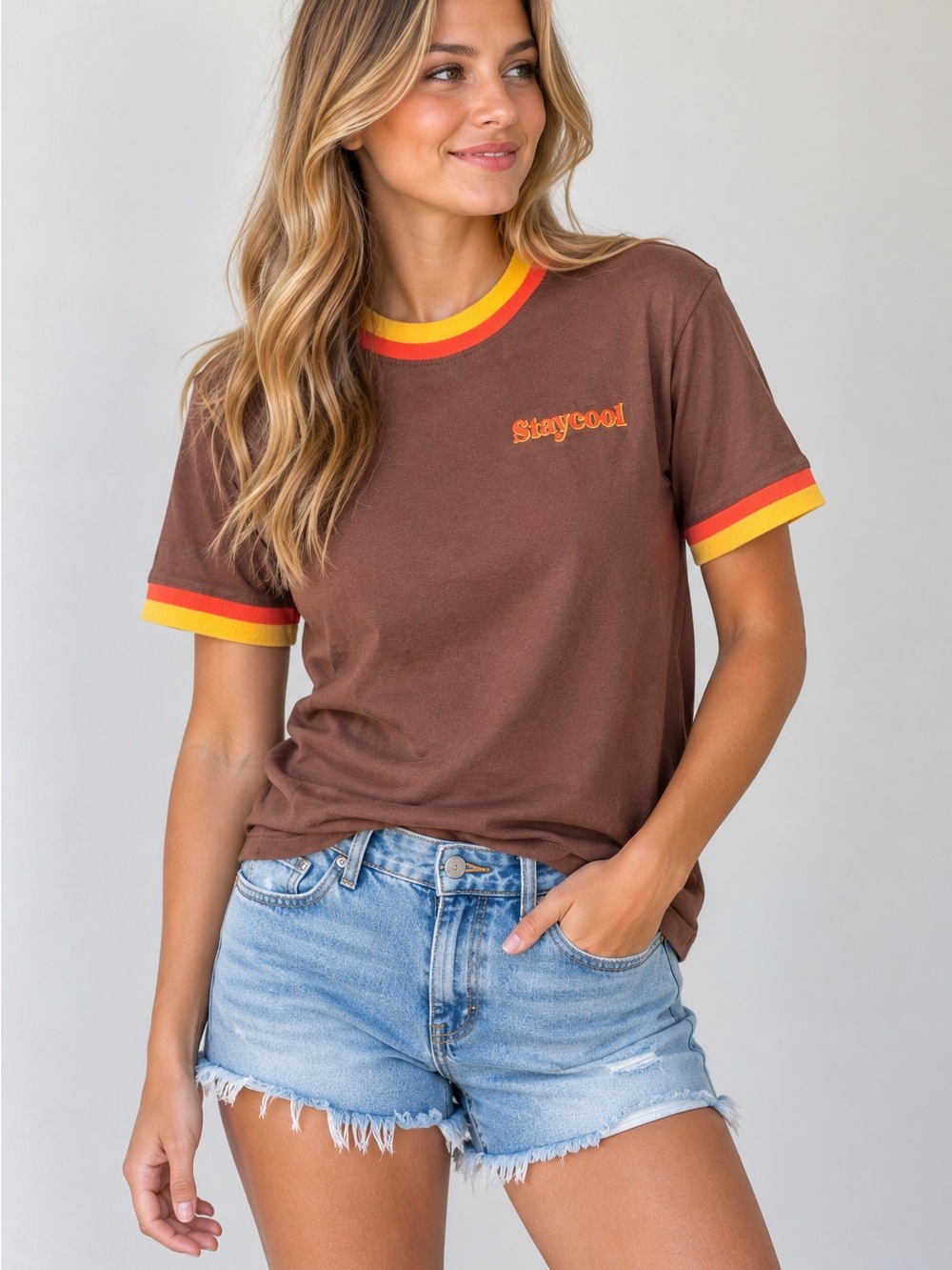 Stay Cool Brown Retro Ringer Tee Orange Yellow Trim Medium